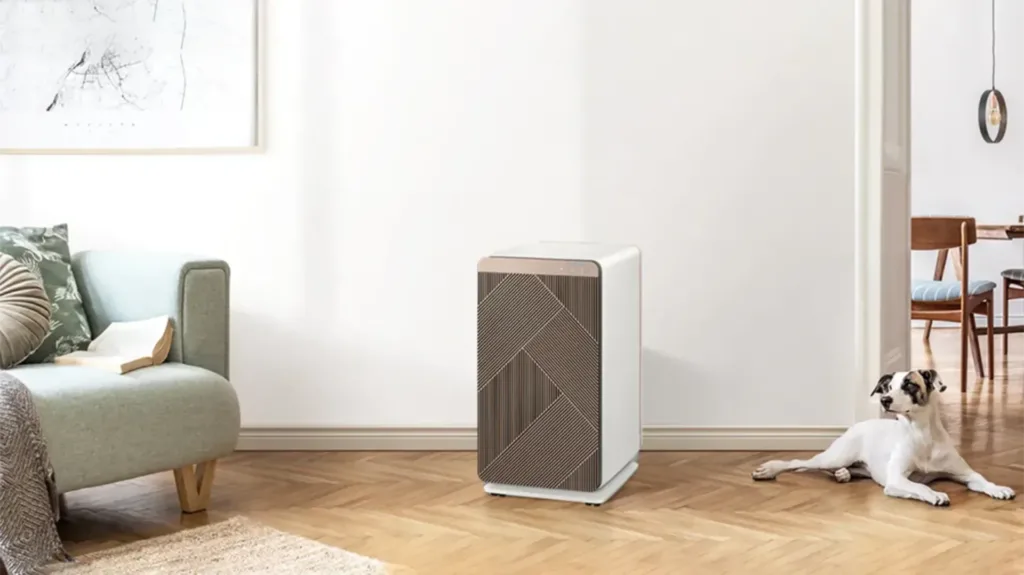 Samsung Bespoke air purifier in a room with a Doggo.
