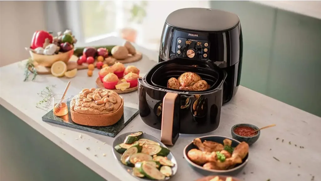 The Philips Premium Air Fryer XXL, with some food that it cooked. It is one of the best air fryers in Australia right now.