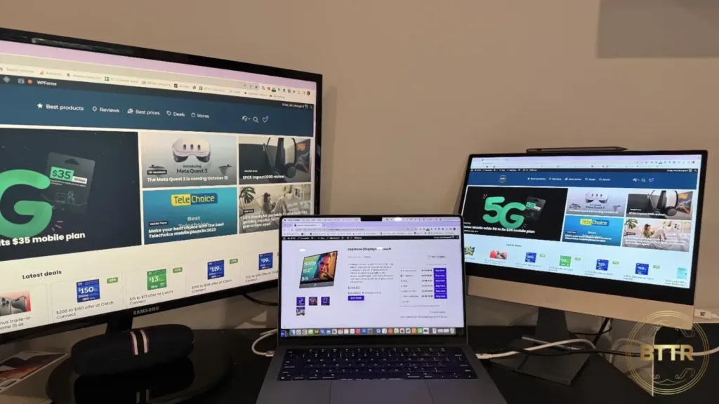 My three monitor setup, with a 27-icnh Samsung screen on the left, my 14-inch MacBook Pro and the Espresso 15 Touch on the right.