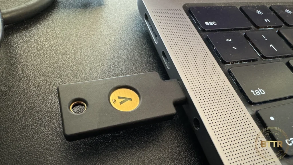 Yubico Security Key C NFC plugged into a MacBook pro